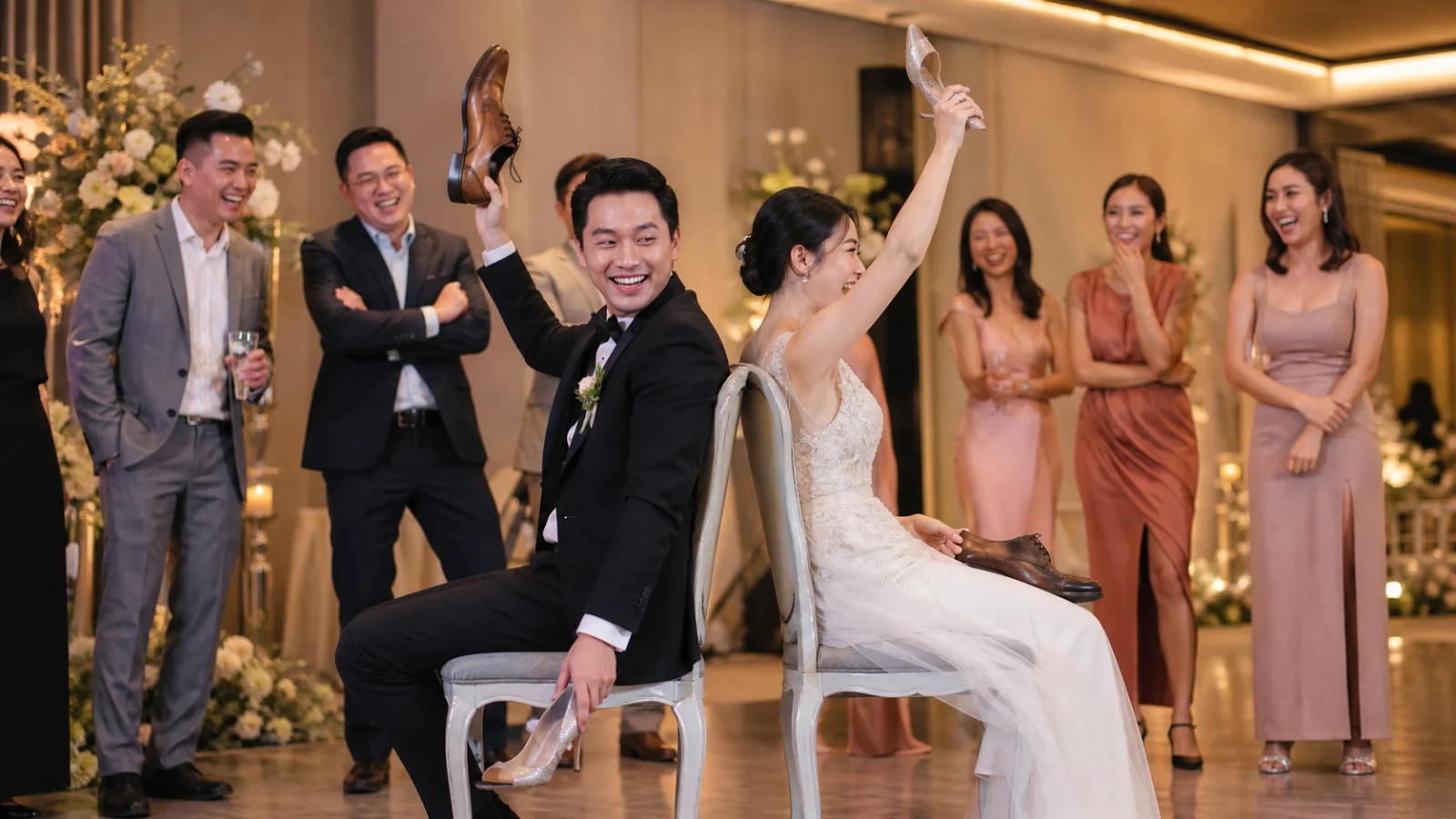 กลุ่มเพื่อนกำลังสนุกสนานกับเกมในงาน After Party งานแต่งงาน