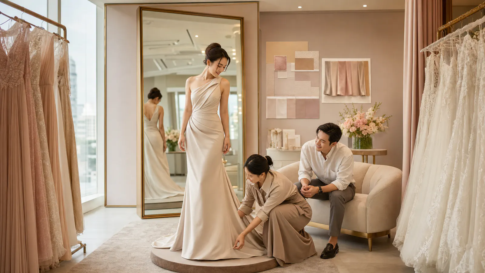เพื่อนเจ้าสาวลองชุดยาวหน้ากระจกในร้านชุด โดยมีแร็คชุดหลายโทนสี