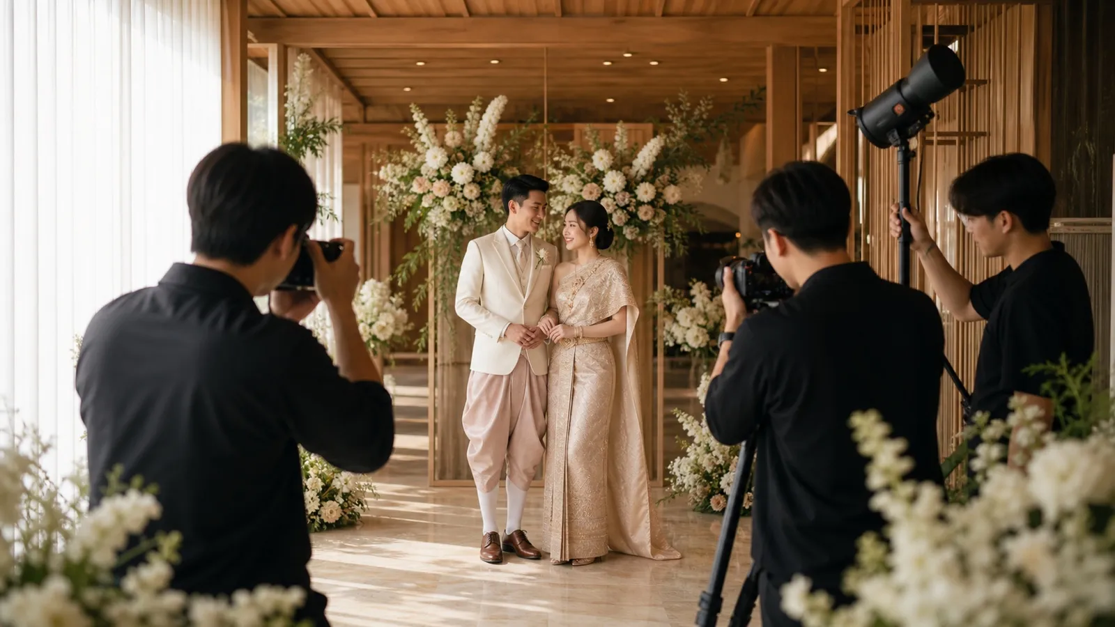 ช่างภาพงานแต่งกำลังถ่ายภาพคู่บ่าวสาวในงานเลี้ยง