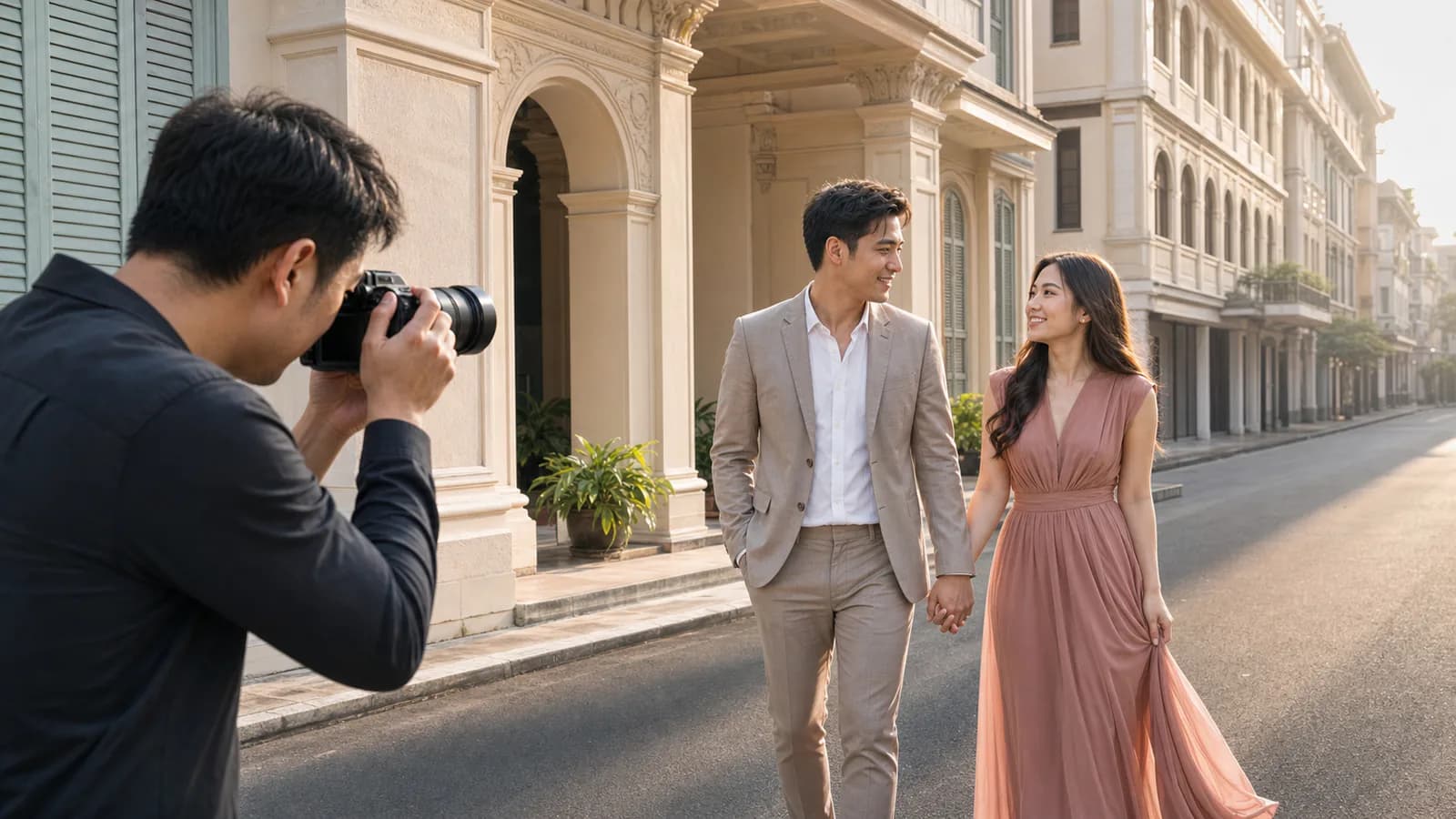 A photographer shooting a pre-wedding session on an old-town street