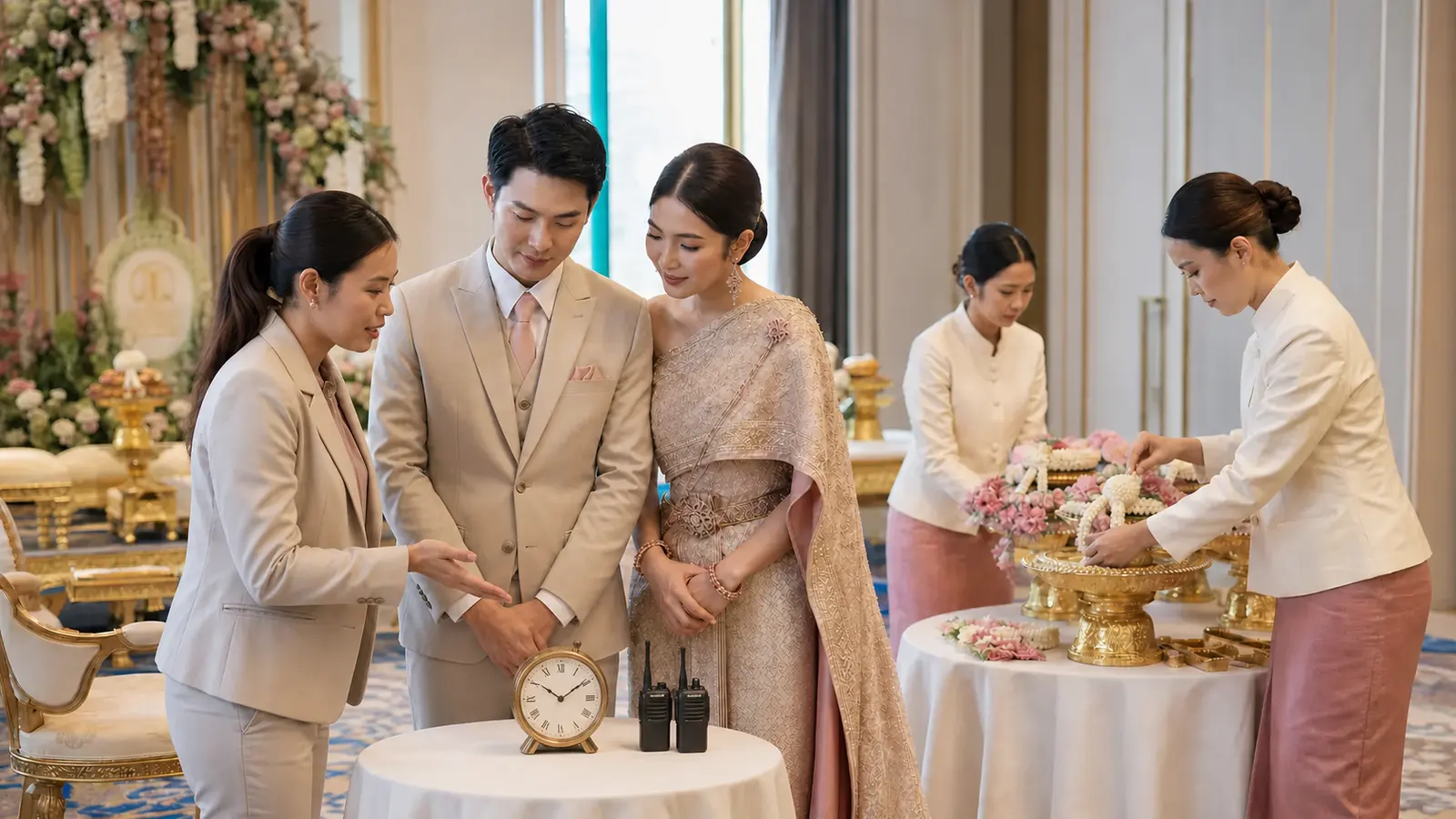 ทีมรันคิวไทยทบทวนกำหนดการพิธีกับคู่บ่าวสาวก่อนเริ่มงาน