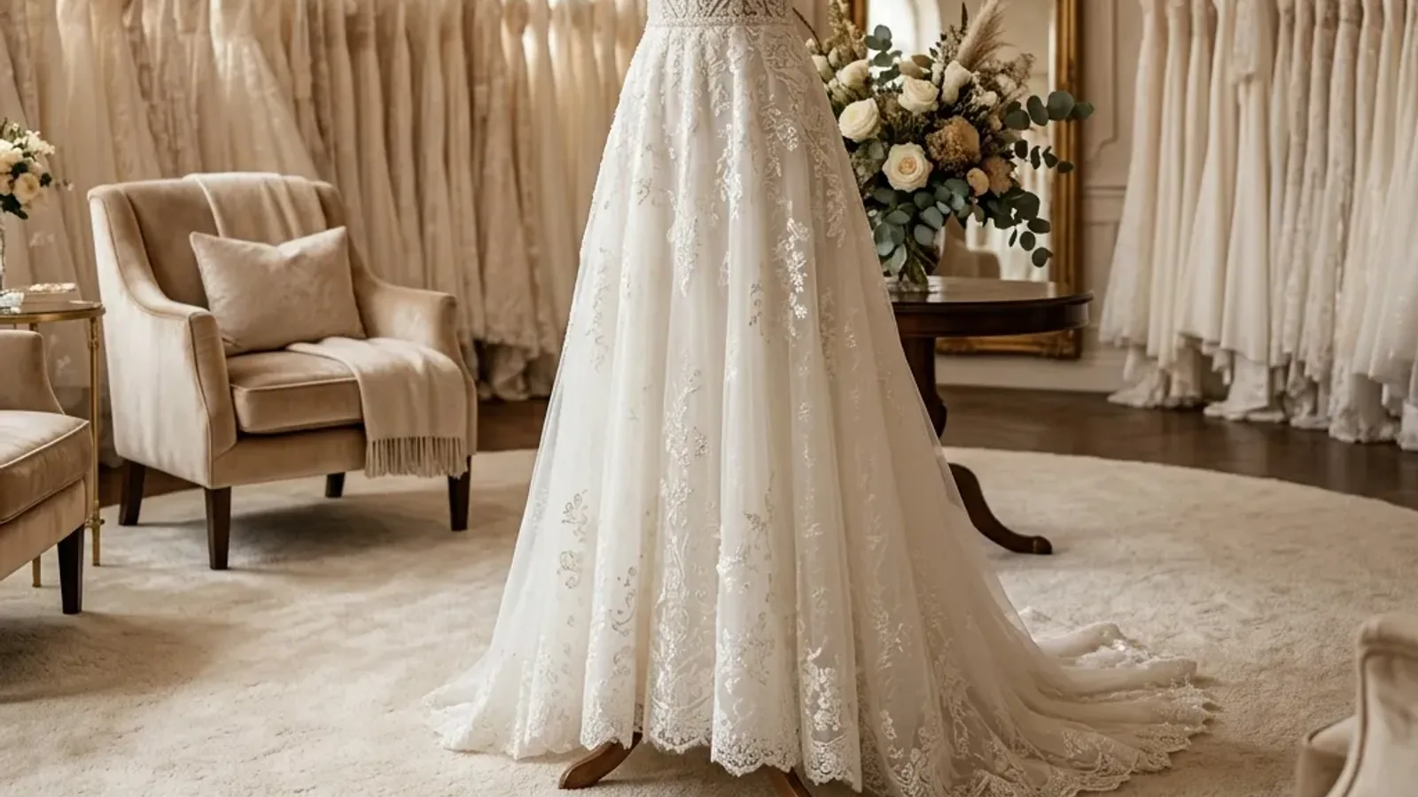 A lace bridal gown on display in a salon with racks of dresses behind it
