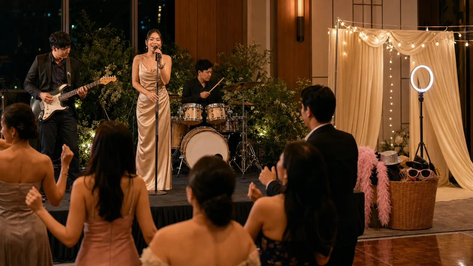วงดนตรีสดเล่นบนเวทีงานเลี้ยงค่ำ โดยมีมุมโฟโต้บูธอยู่ด้านข้าง