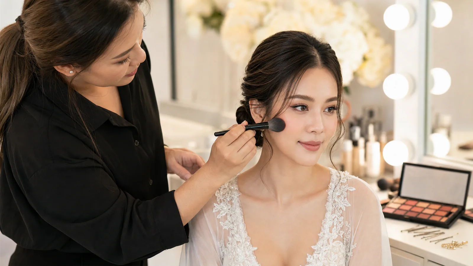 ช่างแต่งหน้ากำลังเตรียมความงามให้เจ้าสาวก่อนวันแต่งงาน