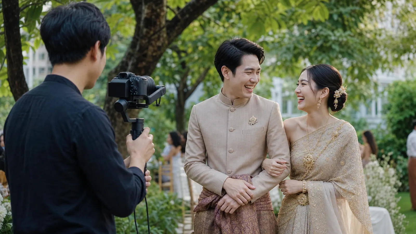 คู่บ่าวสาวชาวไทยกำลังยิ้มแย้มในสวน โดยมีช่างวิดีโอถ่ายทำอย่างใกล้ชิด