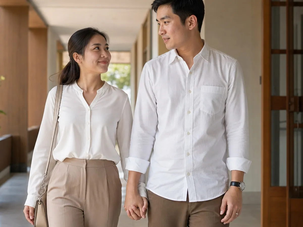 คู่สมรสเดินคุยกันตามทางเดินอาคารสำนักงานเพื่อไปติดต่อเปลี่ยนเอกสาร