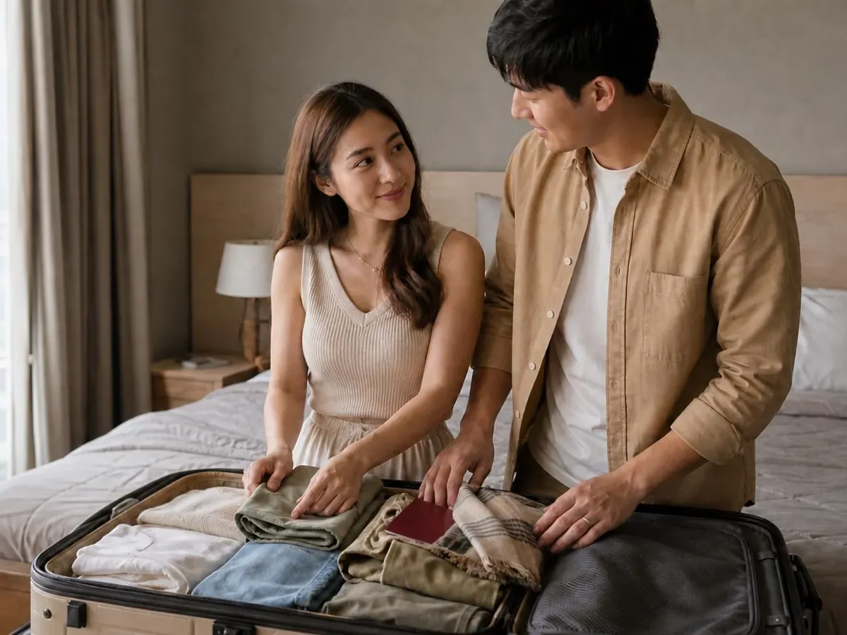 คู่สมรสจัดกระเป๋าเดินทางบนเตียงพร้อมถือพาสปอร์ตก่อนออกฮันนีมูน