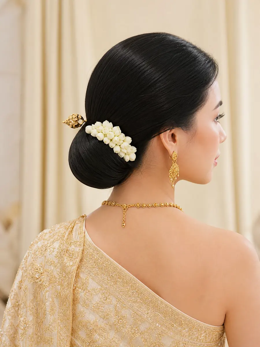 Low Thai bridal updo finished with jasmine buds and a subtle gold hairpin