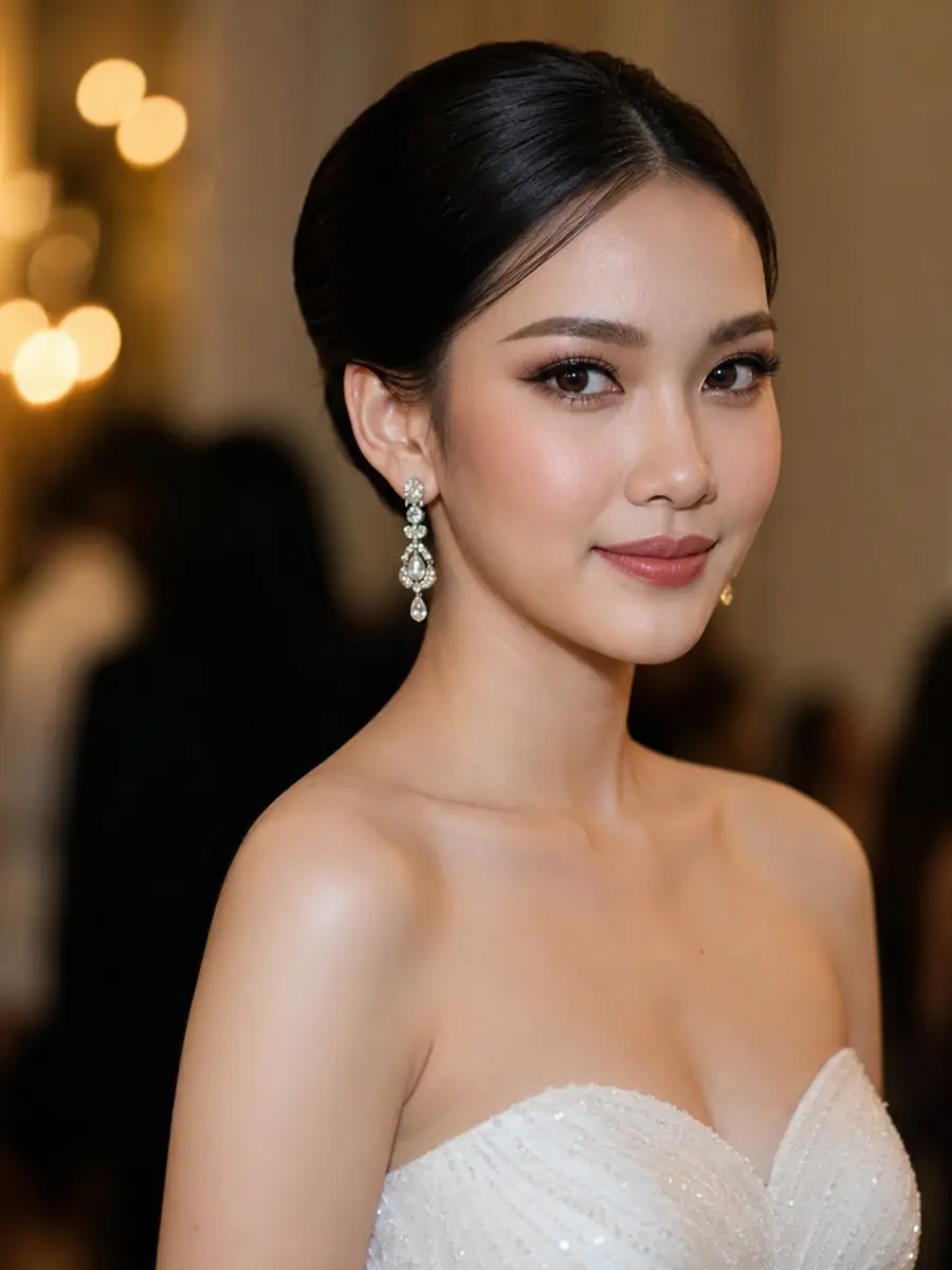 Thai bride in polished evening glam with brown smoky eyes and rose lips