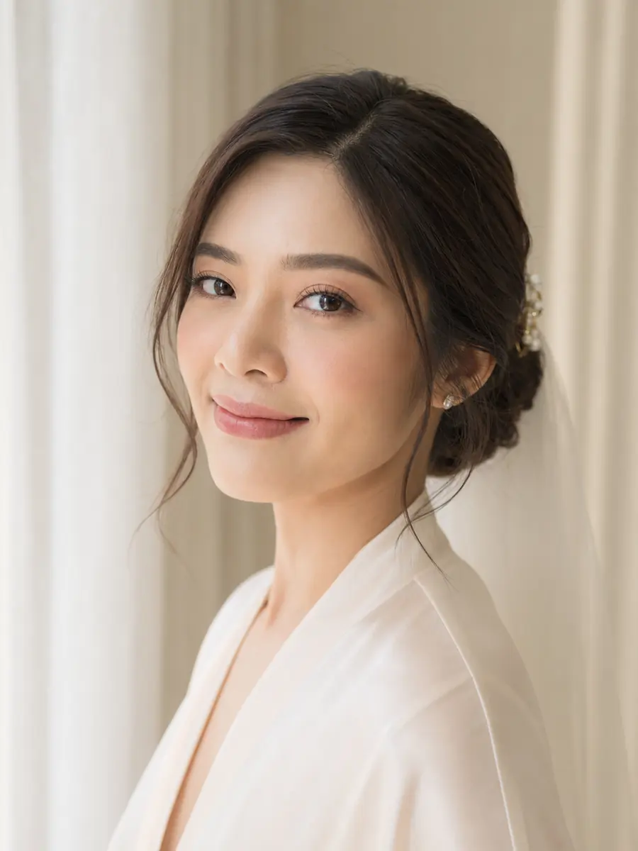 Thai bride in natural makeup with realistic skin and a soft peach palette