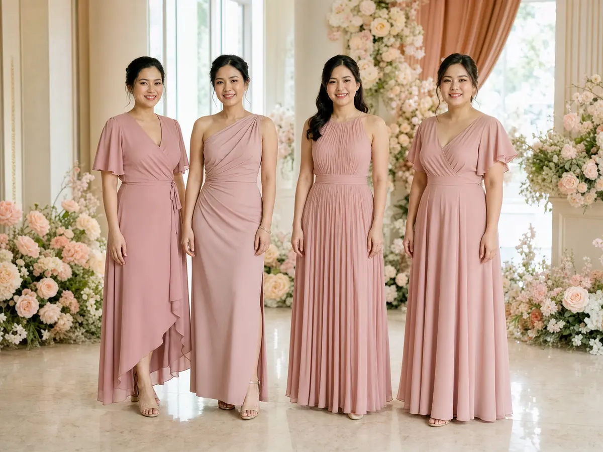 เพื่อนเจ้าสาวไทยสี่คนสวมเดรสต่างทรงในโทนชมพูหม่นเดียวกัน