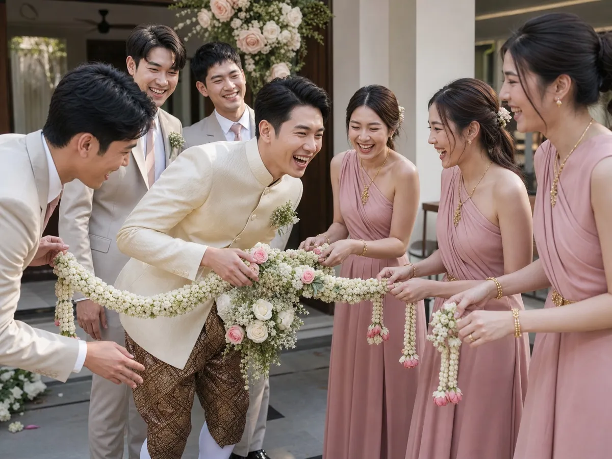 เพื่อนเจ้าสาวชุดชมพูใช้พวงมาลัยดอกไม้กั้นประตูให้เจ้าบ่าวชุดไทยและเพื่อนเจ้าบ่าวฝ่าด่านอย่างสนุกสนาน