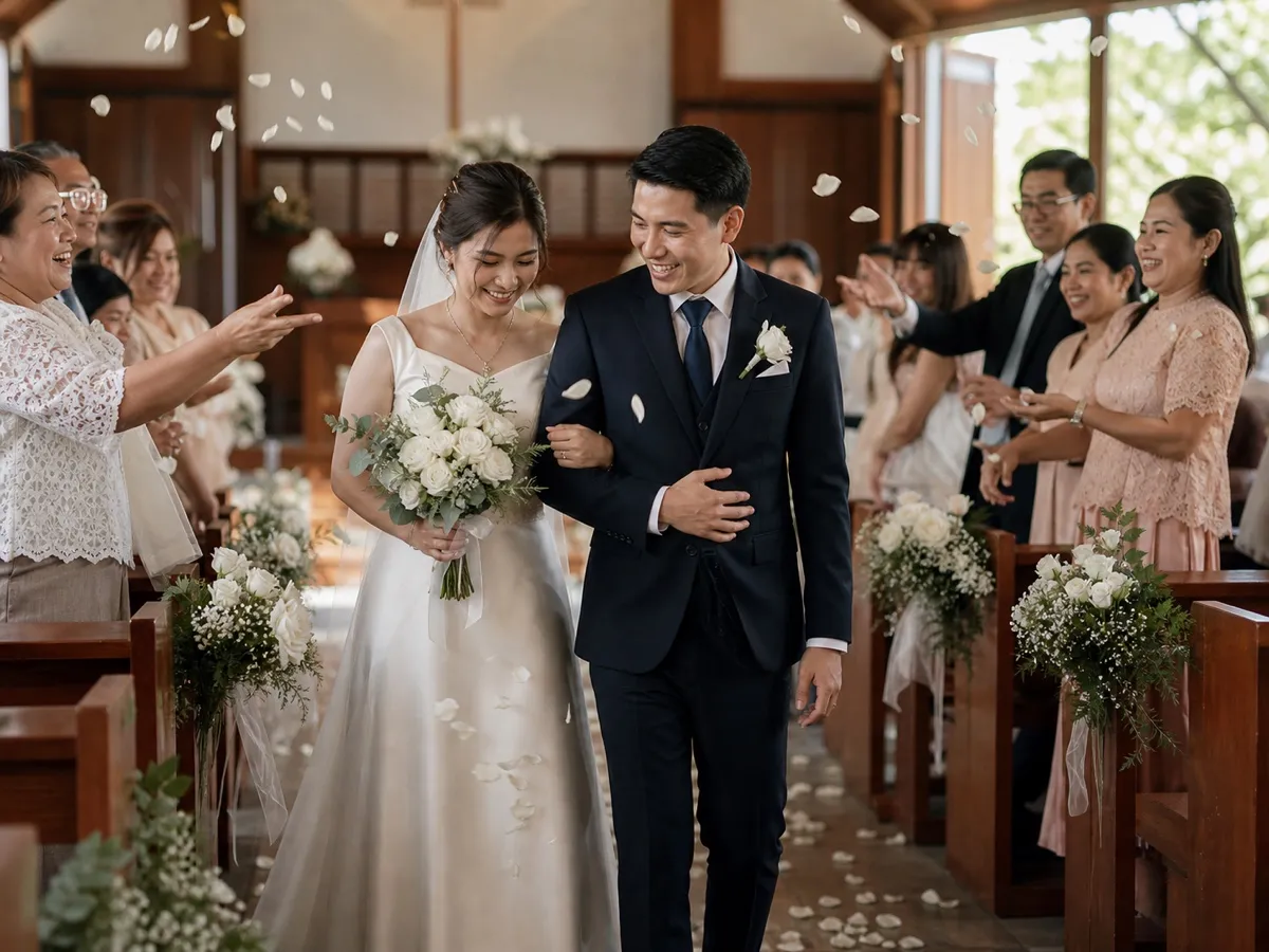 คู่บ่าวสาวควงแขนกันเดินออกจากโบสถ์ท่ามกลางแขกที่โปรยกลีบดอกไม้ให้