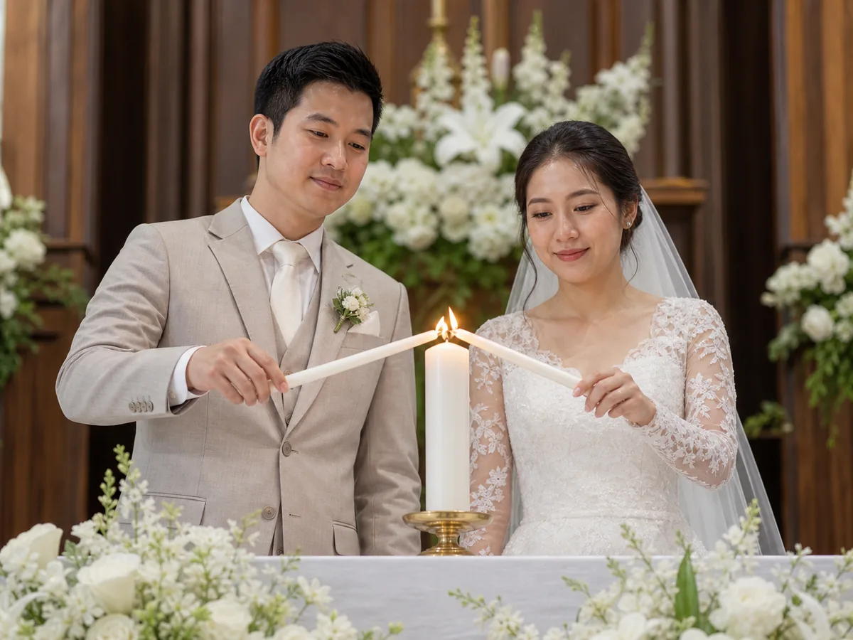 บ่าวสาวประคองเทียนคนละเล่มร่วมกันจุดเทียนแท่งใหญ่กลางแท่นพิธี