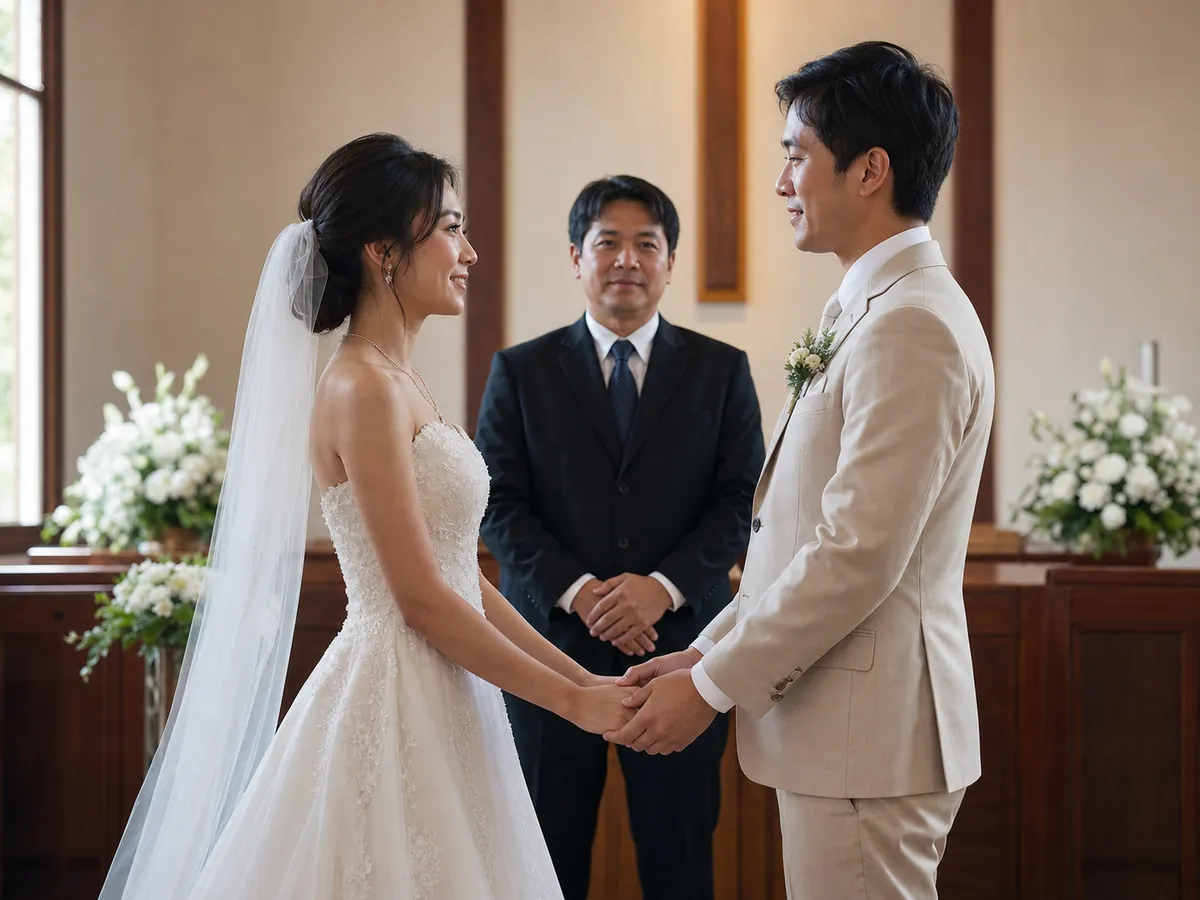 คู่บ่าวสาวไทยจับมือและกล่าวคำสาบานต่อหน้าศิษยาภิบาลในโบสถ์