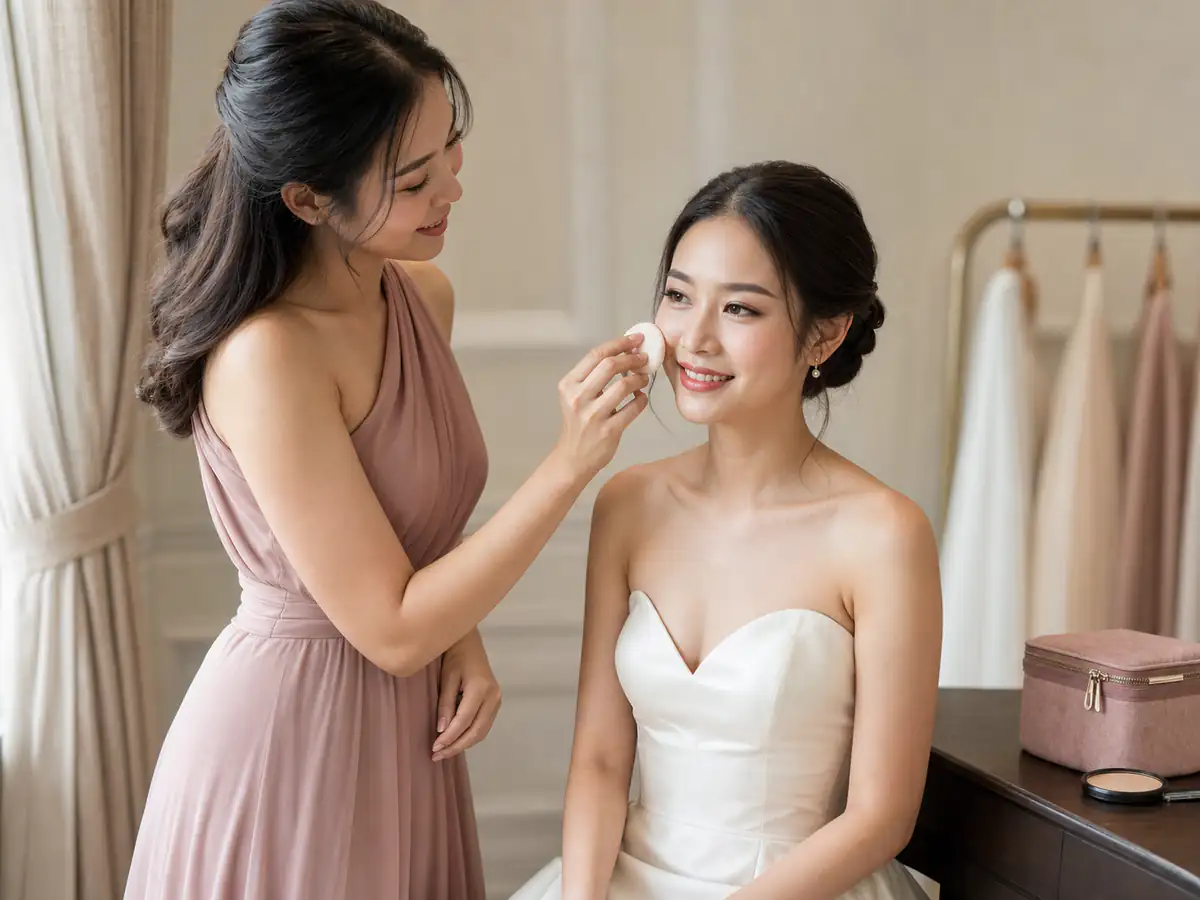 เพื่อนเจ้าสาวใช้พัฟช่วยทัชอัปเครื่องสำอางให้เจ้าสาวในห้องเตรียมตัวก่อนเริ่มพิธี