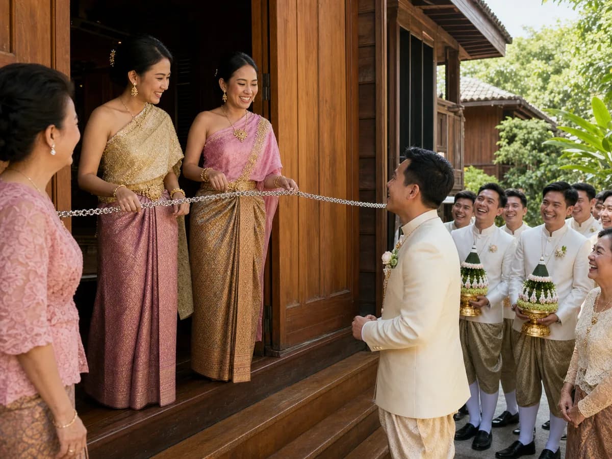 ญาติฝ่ายเจ้าสาวขึงสร้อยเงินกั้นประตูหน้าบ้านไม้ขณะขบวนขันหมากเดินมาถึง