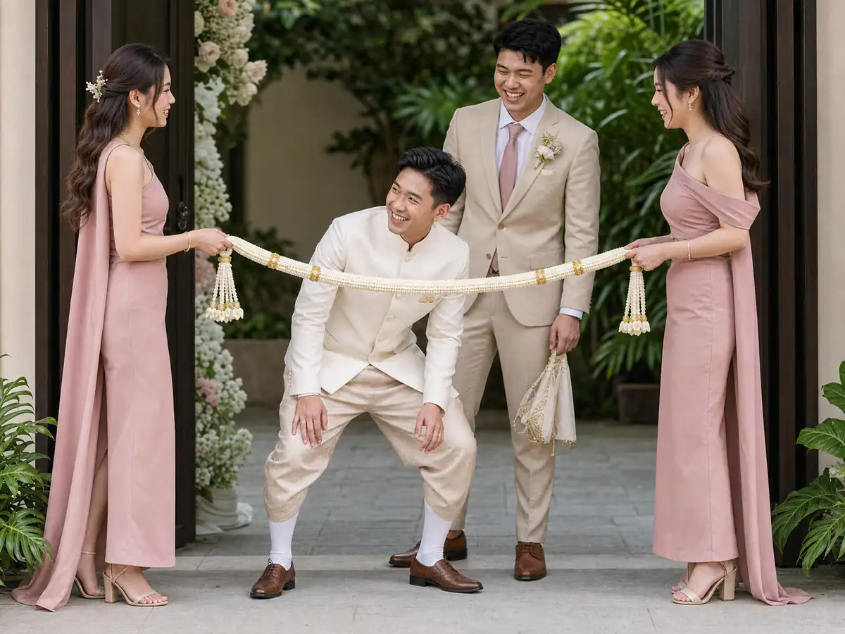 เพื่อนเจ้าสาวสองคนถือมาลัยกั้นประตู ขณะเจ้าบ่าวย่อตัวทำภารกิจและเพื่อนเจ้าบ่าวยืนให้กำลังใจ