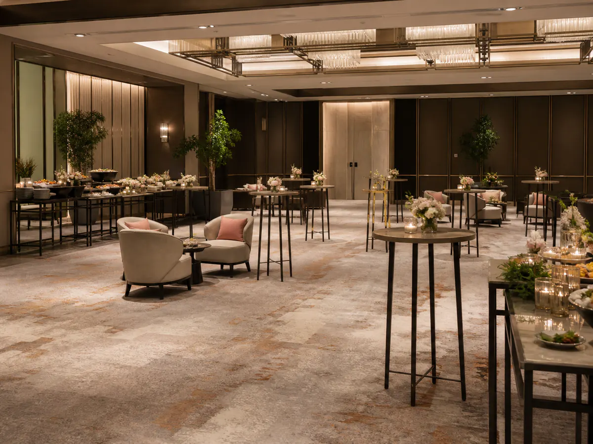 Cocktail reception ballroom with standing tables, lounge seating, and open circulation space