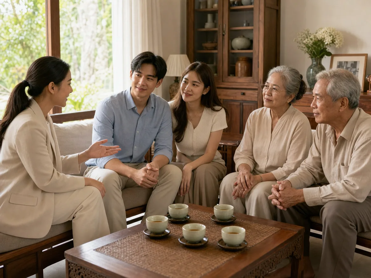 A neutral third party sitting down with the couple and their parents around the family coffee table