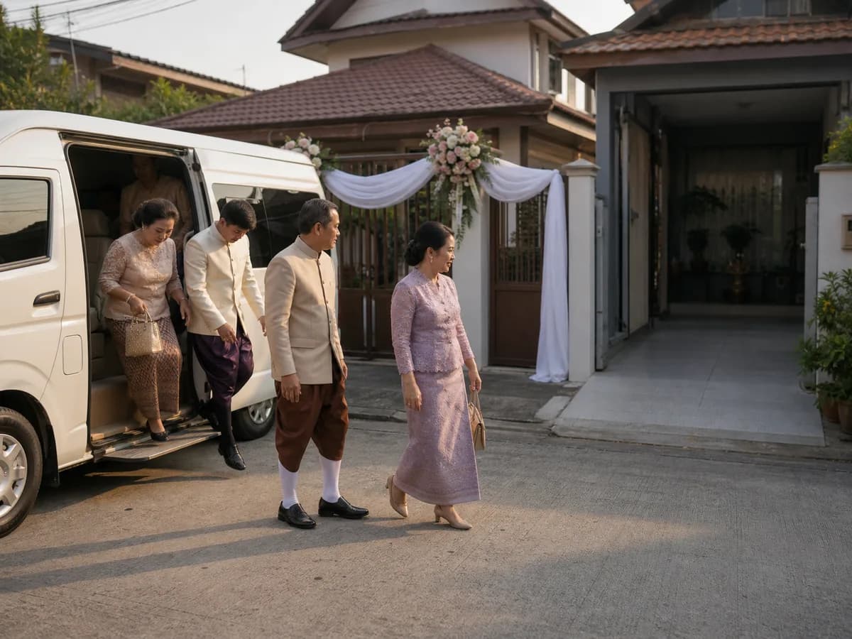 รถตู้รับส่งจอดส่งแขกหน้าบ้านที่จัดงานแต่ง โดยไม่กีดขวางทางเข้าบ้านหลังข้างเคียง