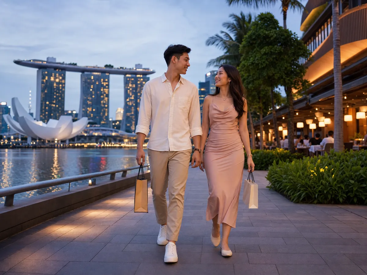Thai newlyweds exploring the Singapore waterfront on a relaxed city honeymoon