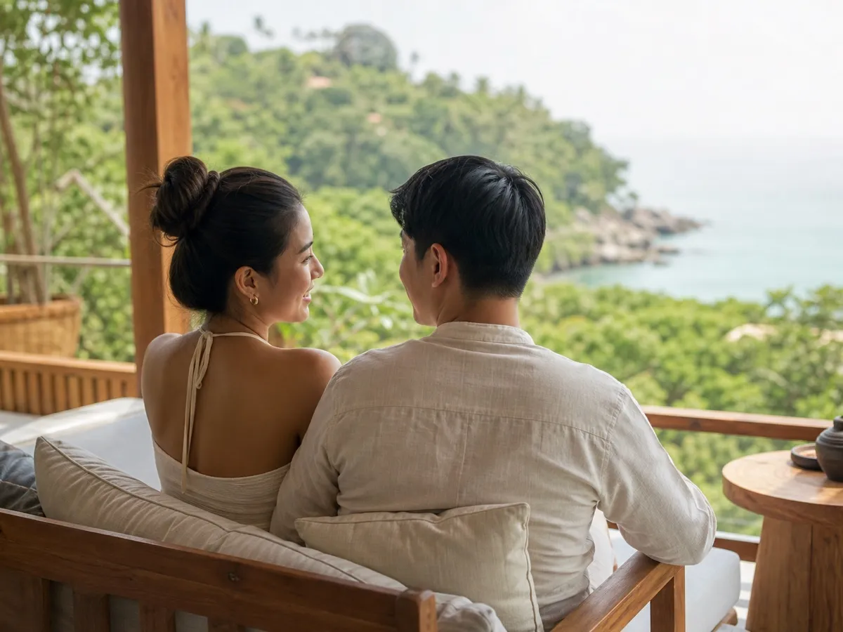 Newlyweds sitting side by side on a wooden resort balcony looking out over a tropical bay