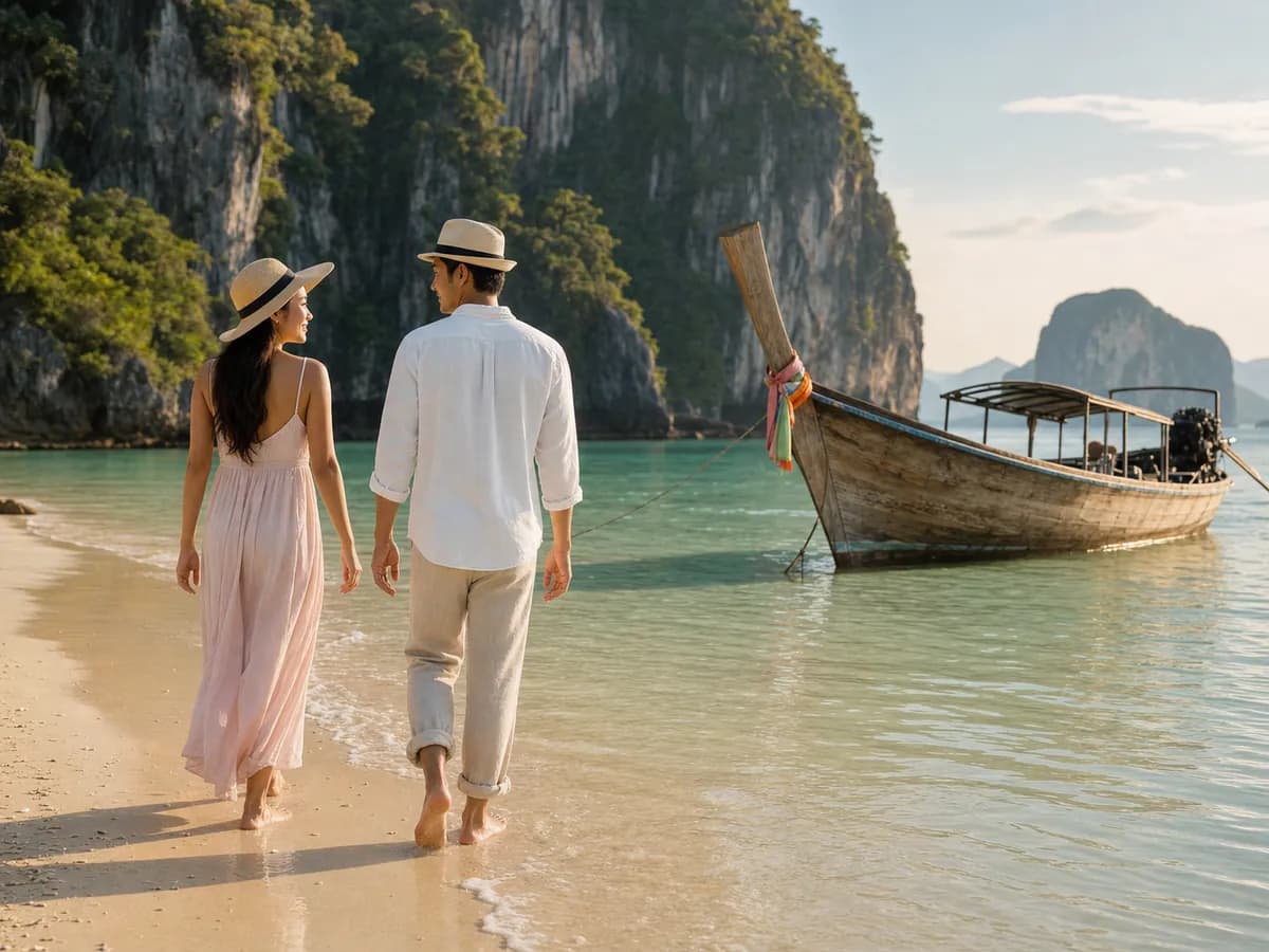 Thai newlyweds taking a quiet island honeymoon walk beside a long-tail boat in southern Thailand