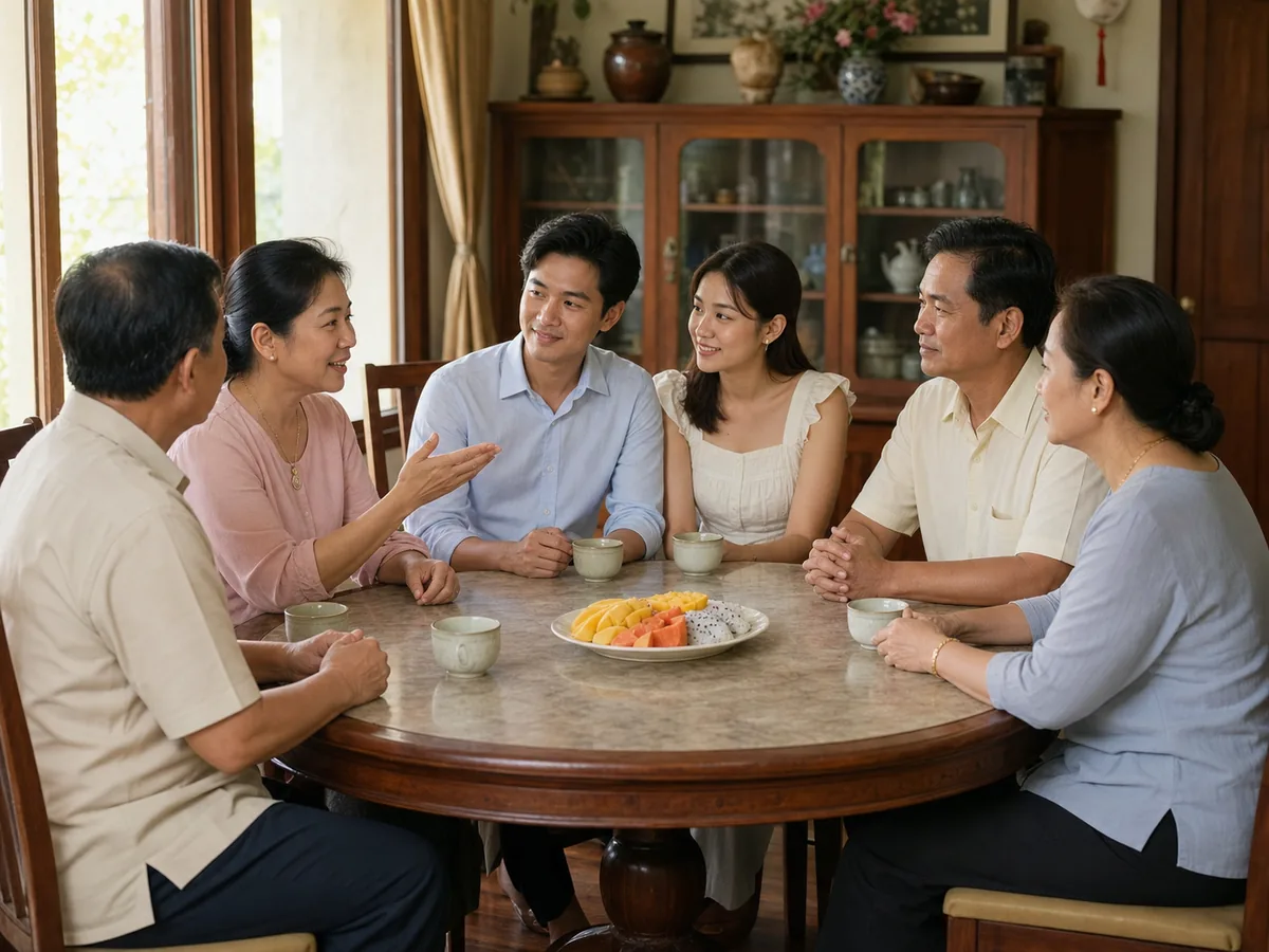 An engaged couple sitting down with both sets of parents to agree on the format and budget