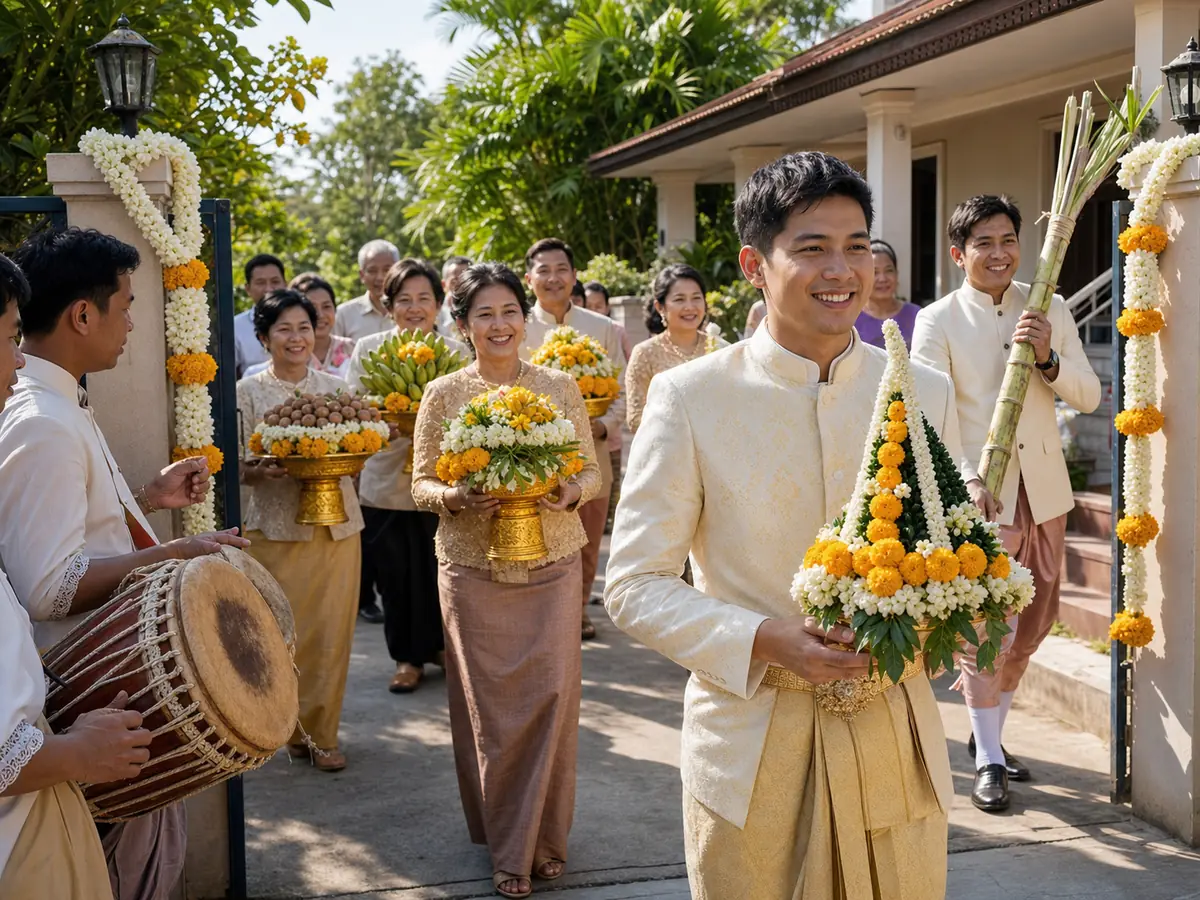 A khan maak procession carrying dowry trays into the bride house during the Thai morning ceremony