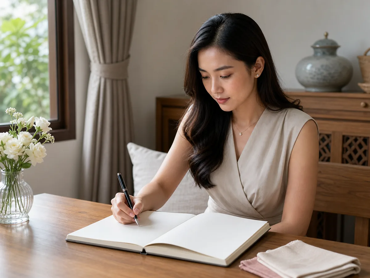 A bride-to-be working through her wedding countdown checklist at her desk