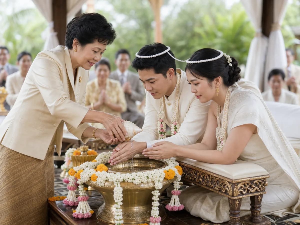 An elder pouring conch-shell water over the couple hands as they kneel wearing the linked mongkol headpieces