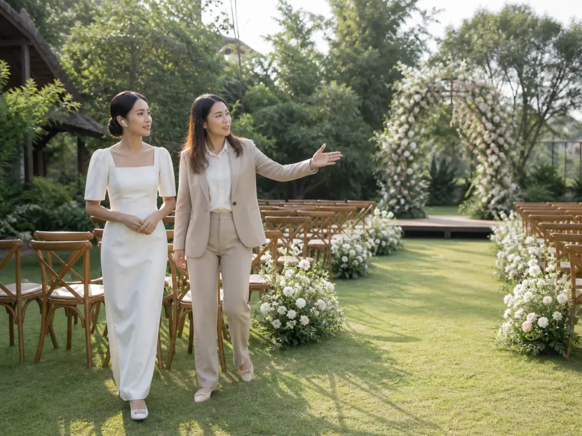 เวดดิ้งแพลนเนอร์พาว่าที่เจ้าสาวเดินสำรวจพื้นที่จัดพิธีกลางสวนที่มีซุ้มดอกไม้