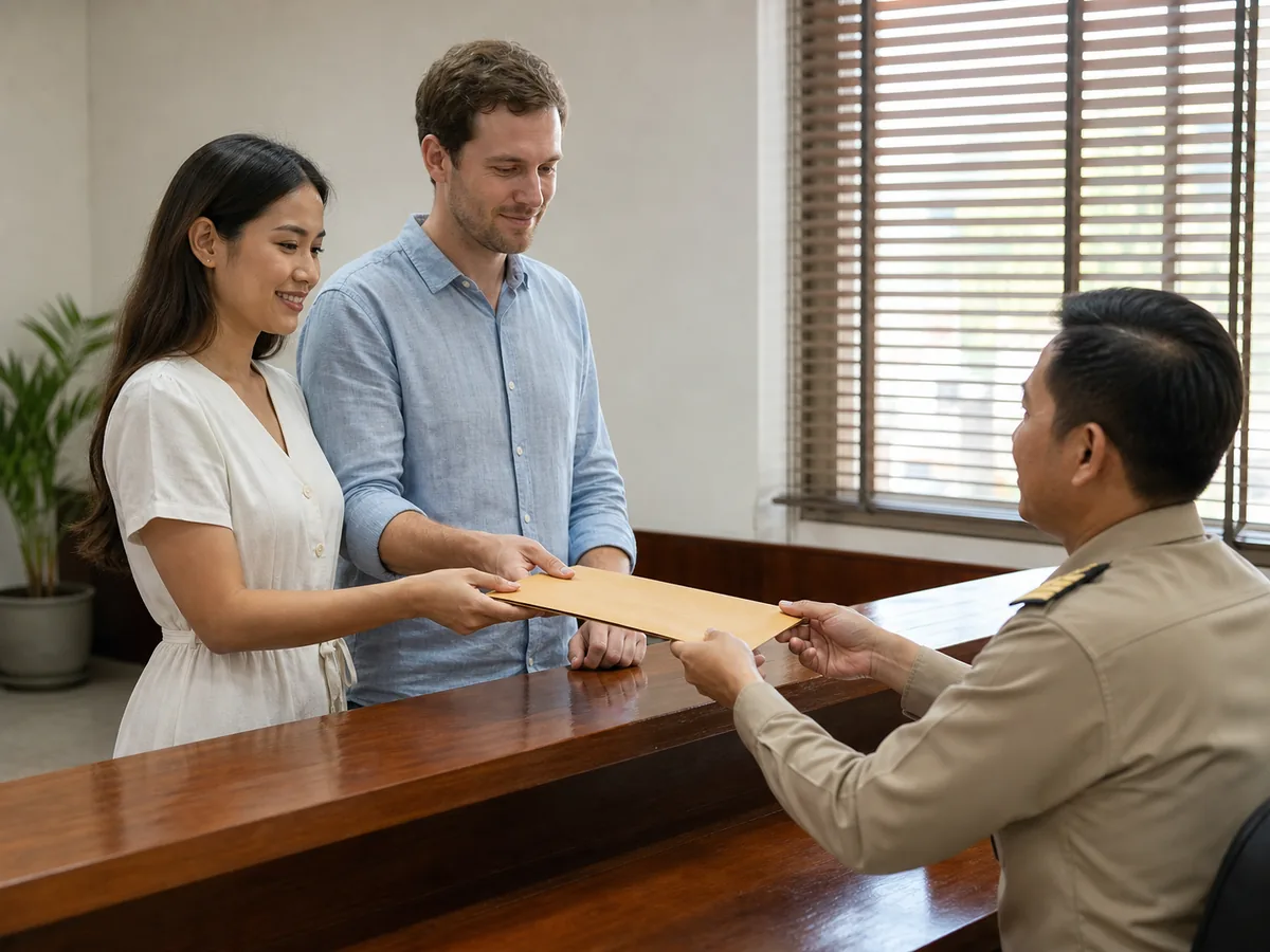 คู่รักไทย-ต่างชาติยื่นเอกสารรับรองที่แปลแล้วให้เจ้าหน้าที่ที่สำนักงานเขต
