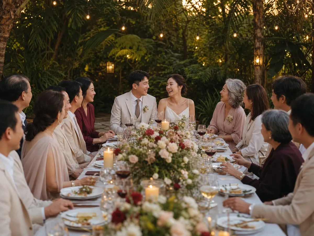 About a dozen guests seated around one long candlelit table with a floral runner at a dusk garden reception
