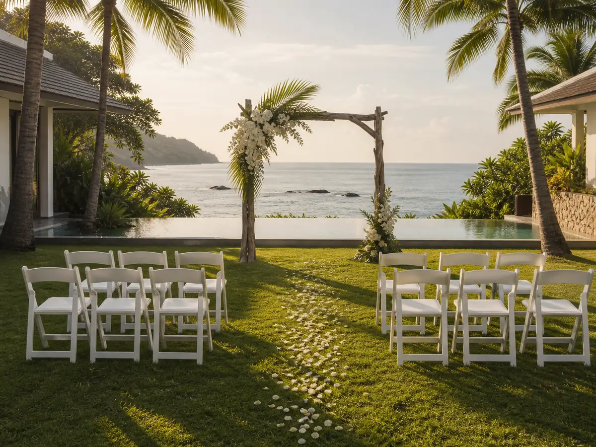 A simple ceremony arch and about a dozen chairs set on the lawn of a private beachfront villa