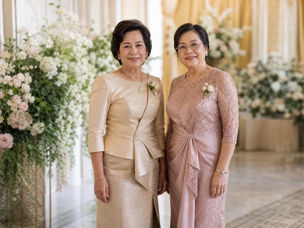 คุณแม่สองฝั่งยืนเคียงกันในชุดสีแชมเปญและสีชมพูนวลที่คุมโทนเข้าคู่กันโดยไม่ซ้ำแบบ