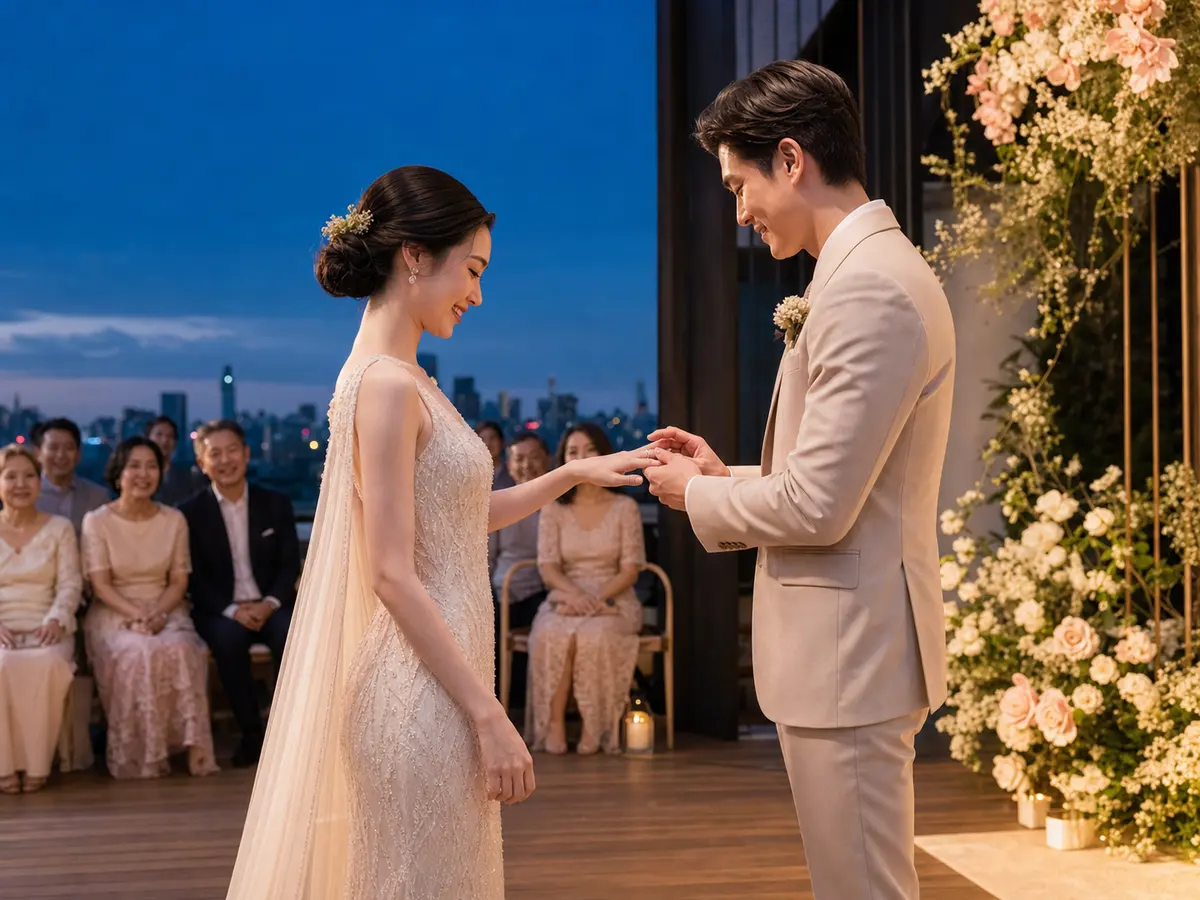 คู่บ่าวสาวไทยสวมแหวนกันบนเวทีงานเลี้ยงช่วงหัวค่ำต่อหน้าครอบครัวและแขก