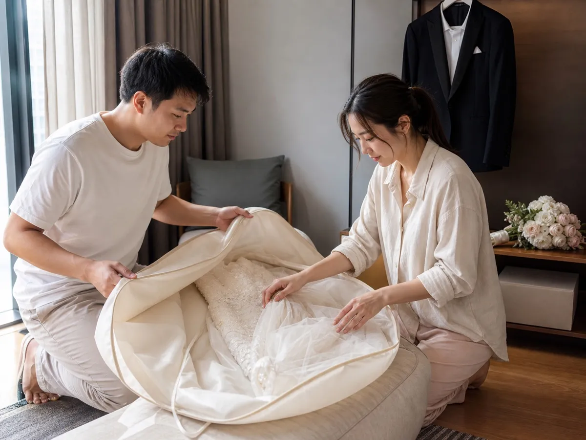 คู่บ่าวสาวช่วยกันพับชุดเจ้าสาวลงกล่องถนอมผ้าบนพื้นห้องนอน