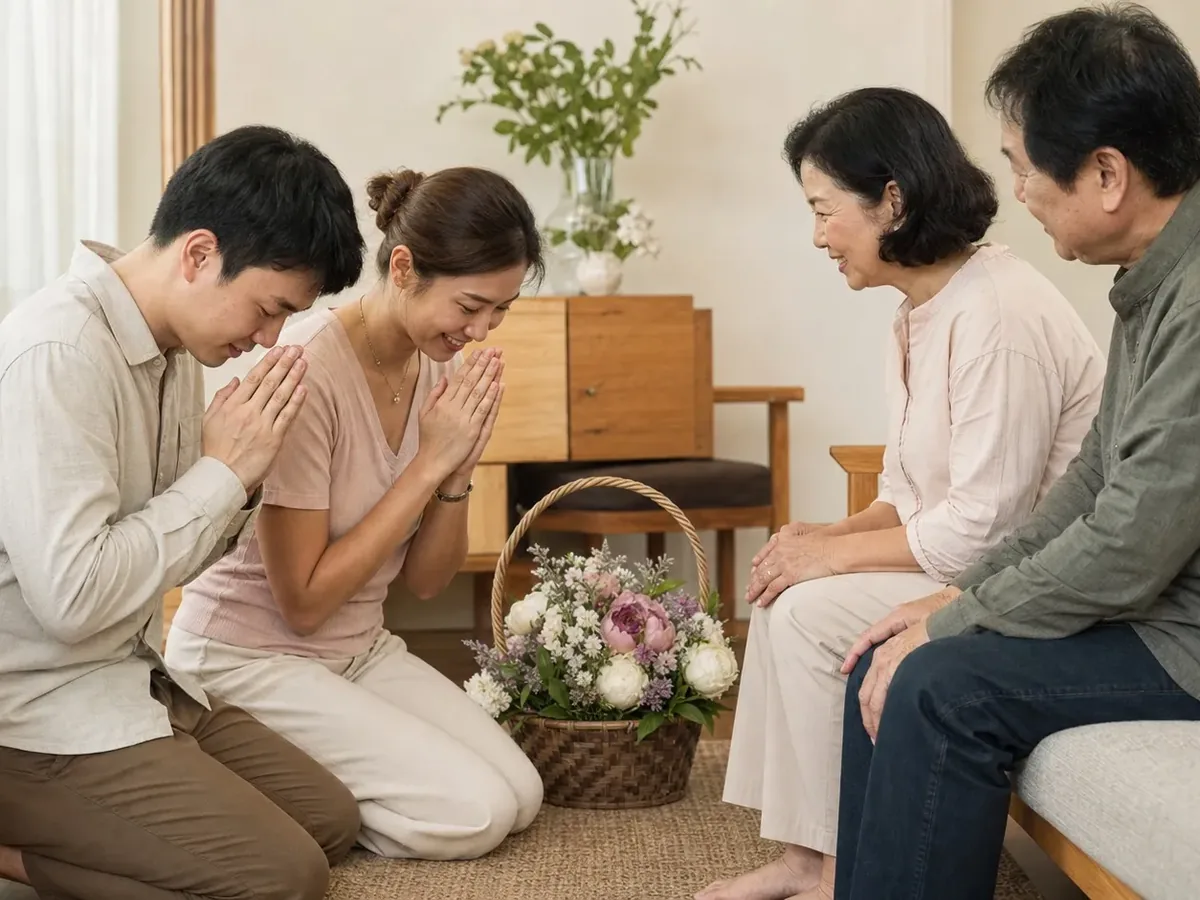 คู่บ่าวสาวคุกเข่าพนมมือกราบขอบคุณคุณพ่อคุณแม่ที่นั่งอยู่ในห้องรับแขก