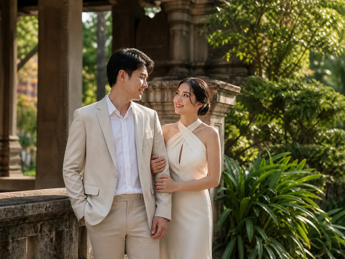 A couple posing for pre-wedding photos beside an old stone pavilion in a shaded garden