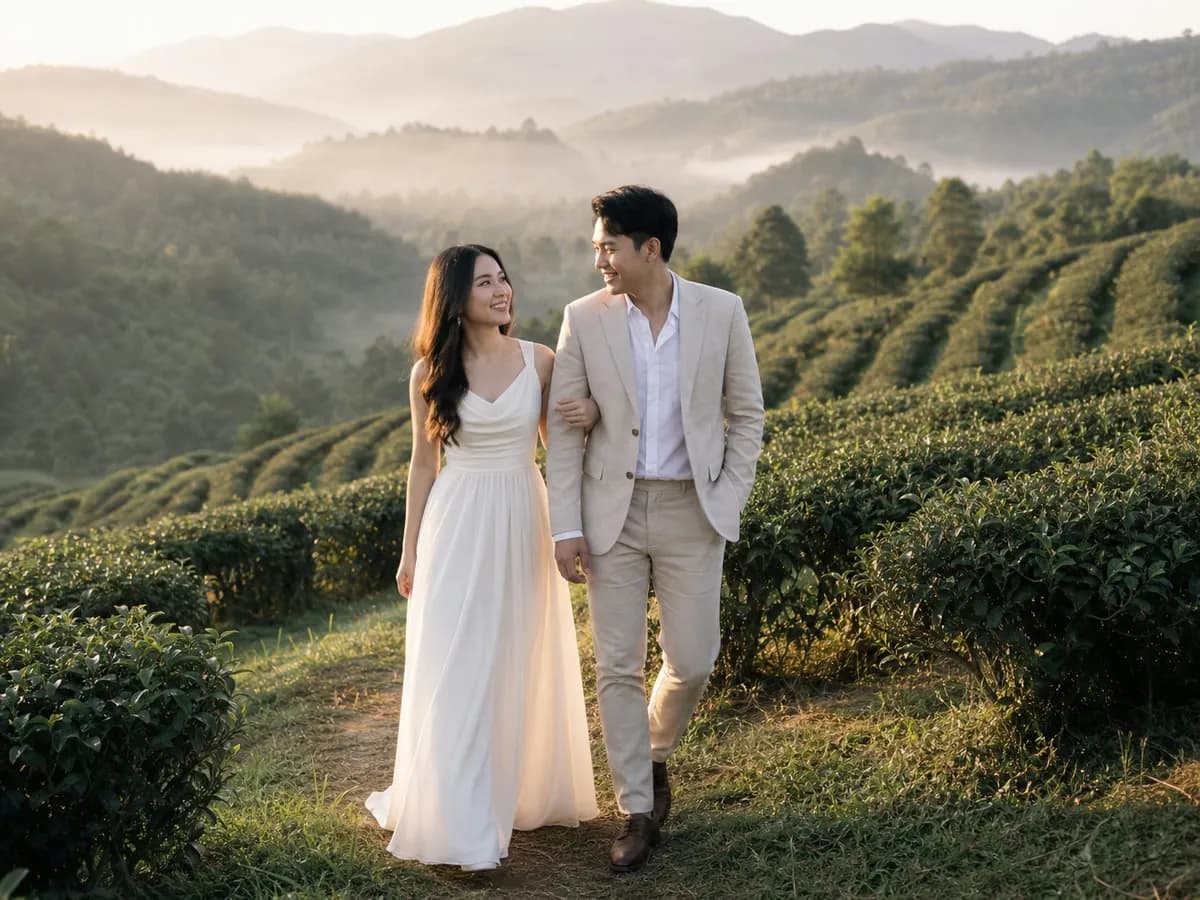 A couple walking hand in hand through hillside tea rows under early-morning mist