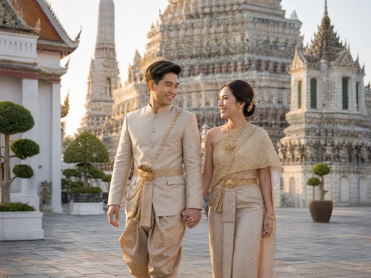 A couple in gold Thai ceremonial dress strolling in front of the spires of Wat Arun