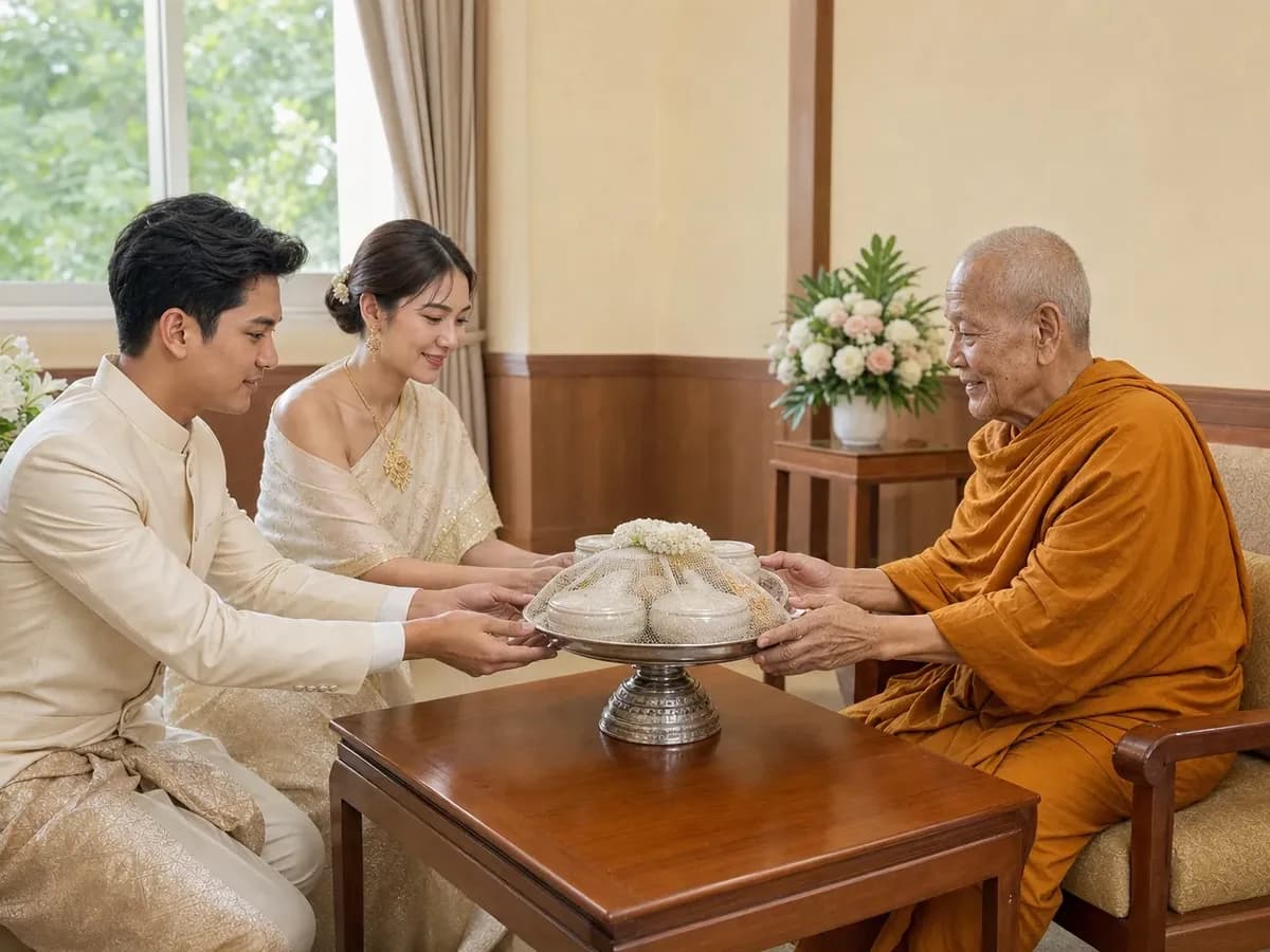 คู่บ่าวสาวในชุดไทยสีครีมถวายเครื่องสังฆทานแด่พระสงฆ์ที่นั่งรับอยู่ในห้องพิธี