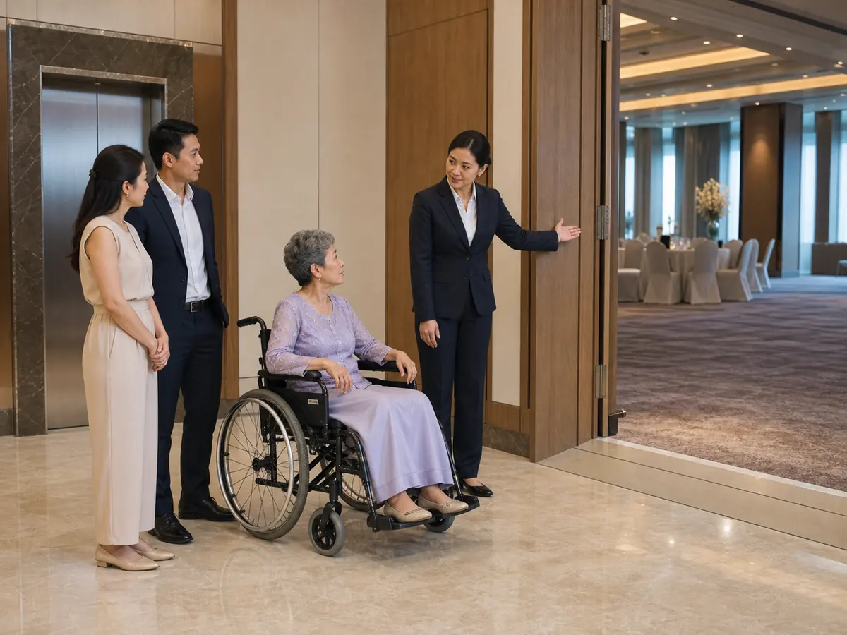 A couple checks a wide, wheelchair-accessible route from the elevator lobby into the ballroom