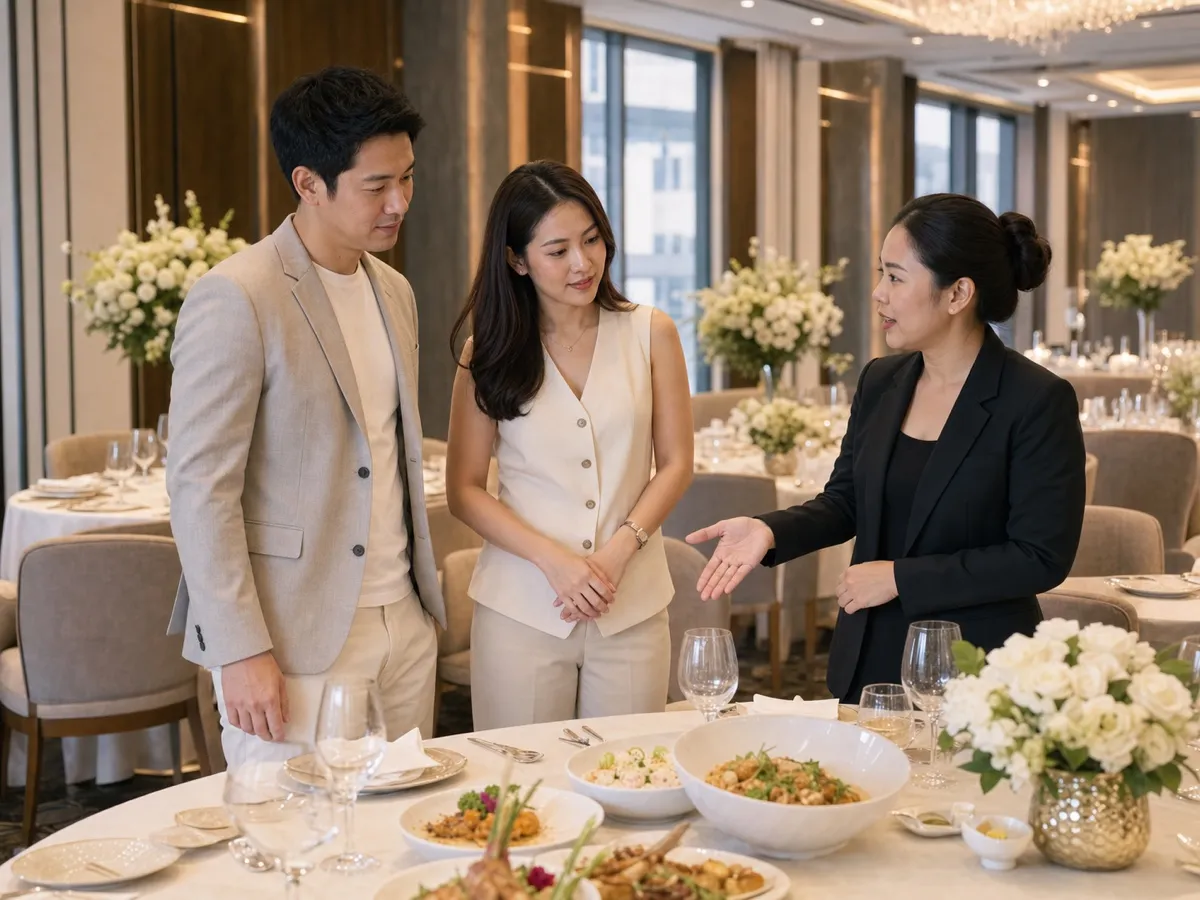 A couple and the venue coordinator looking over tasting dishes laid out on a banquet table
