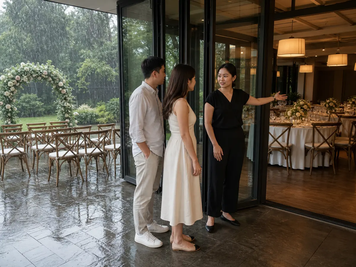 A couple inspects the direct move route from a rain-soaked garden ceremony to the prepared indoor backup room