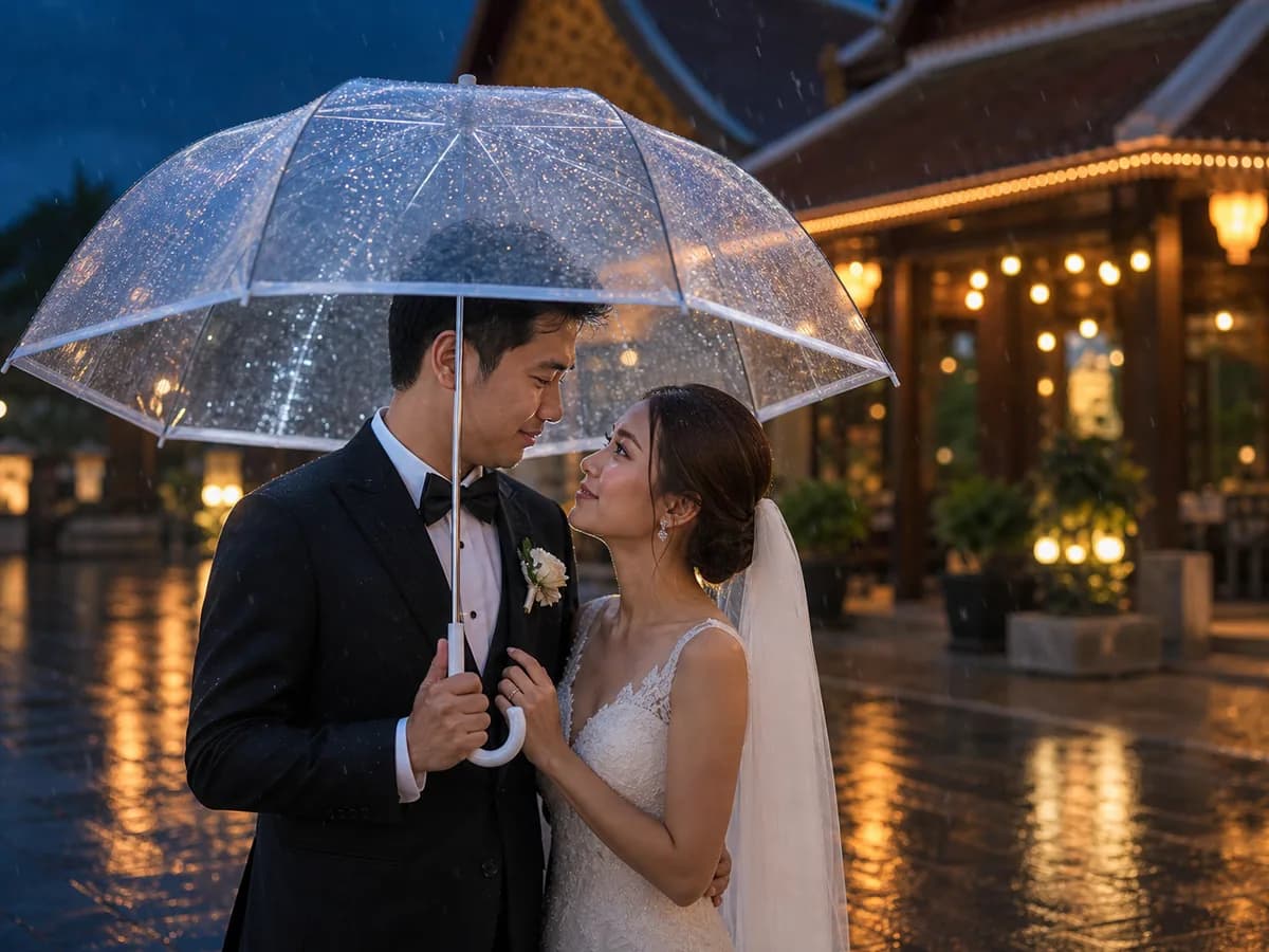 บ่าวสาวยืนชิดกันใต้ร่มใสคันเดียวกลางฝนปรอย โดยพื้นเปียกสะท้อนไฟงานสีอุ่น