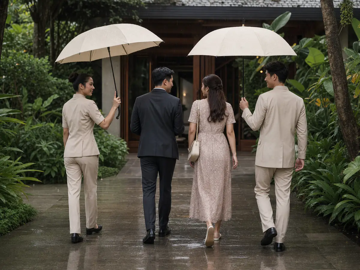 พนักงานสถานที่สองคนกางร่มสีครีมพาแขกเดินเข้าสู่งานแต่งท่ามกลางฝนในสวน