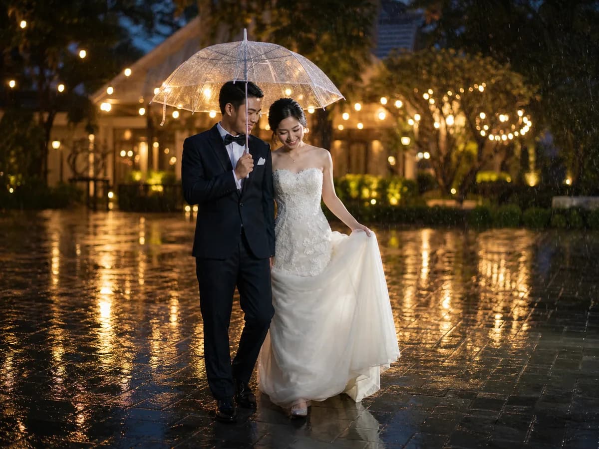 คู่บ่าวสาวยืนถ่ายภาพใต้ร่มใสบนพื้นเปียกที่สะท้อนแสงไฟยามค่ำ